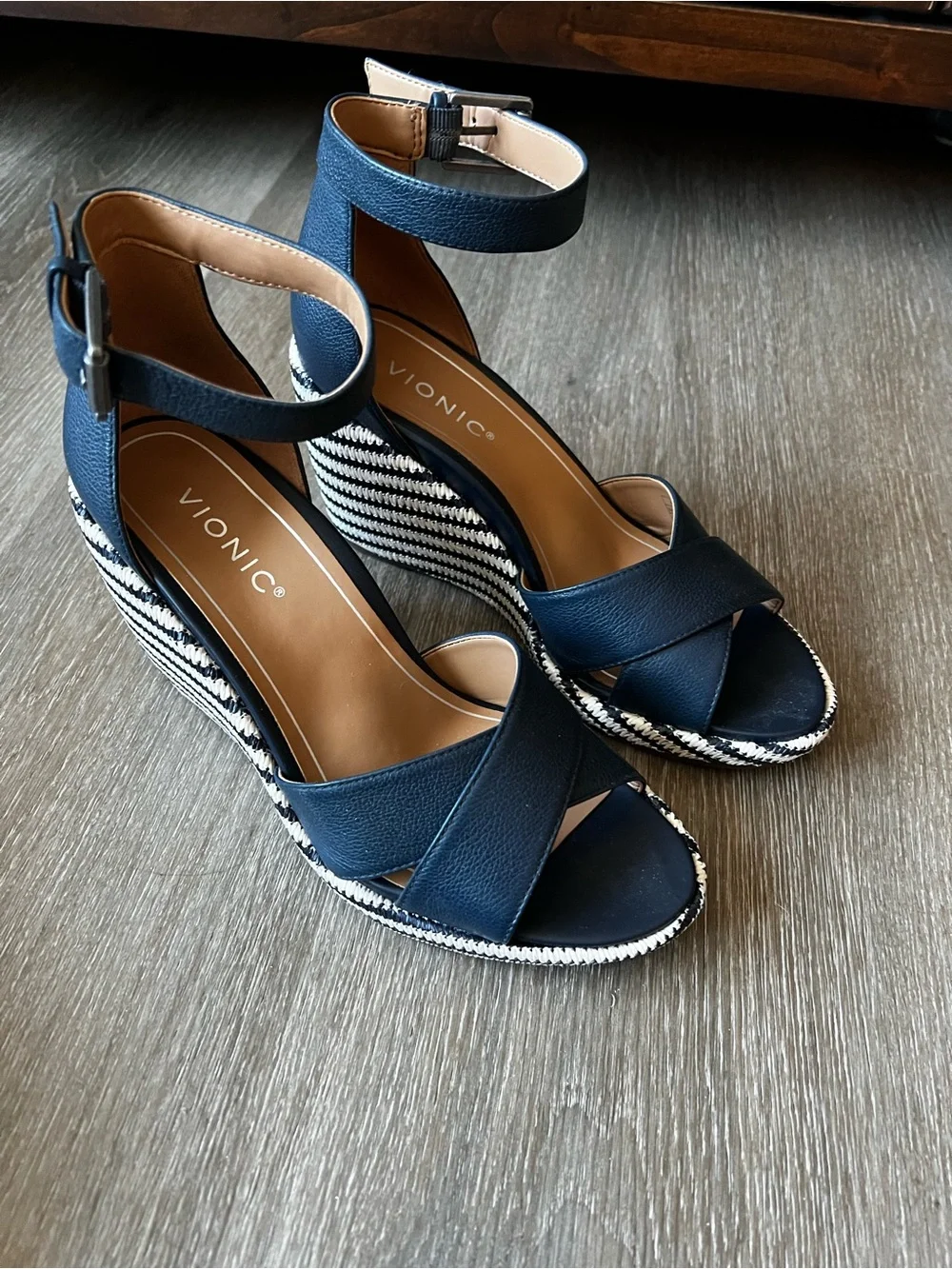 Vionic Navy and White Striped Espadrille Wedge Sandals